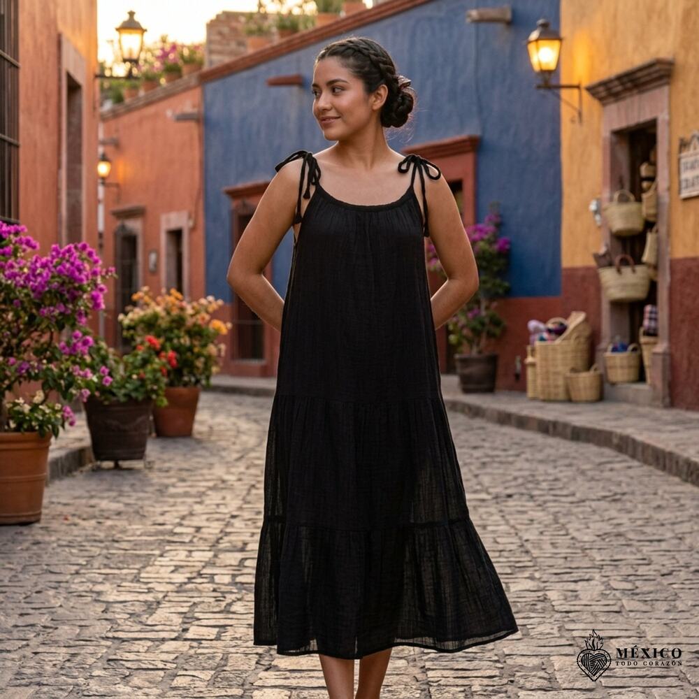 Mexican Black gauze dress beach wear one size